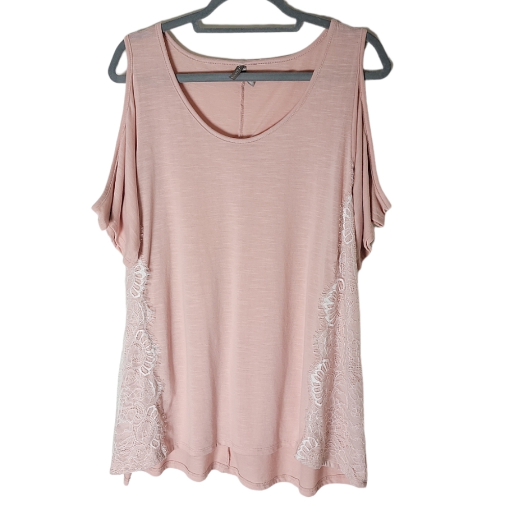 Vanity pink white lace trim cold shoulder top plus size 2XL boho casual stretch
